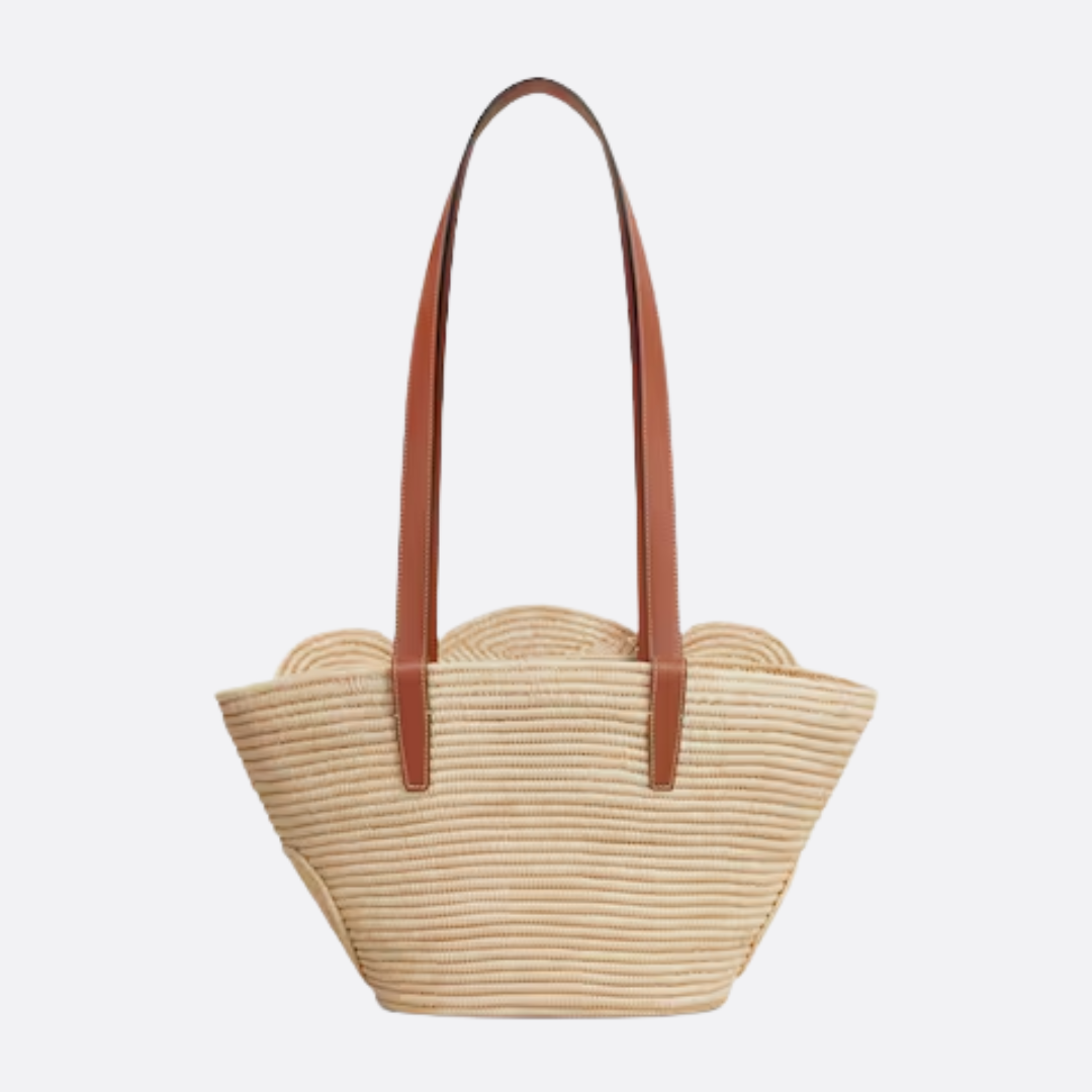 CELINE CLASSIC SMALL BASKET WITH WOVEN TRIOMPHE IN RAFFIA AND CALFSKIN