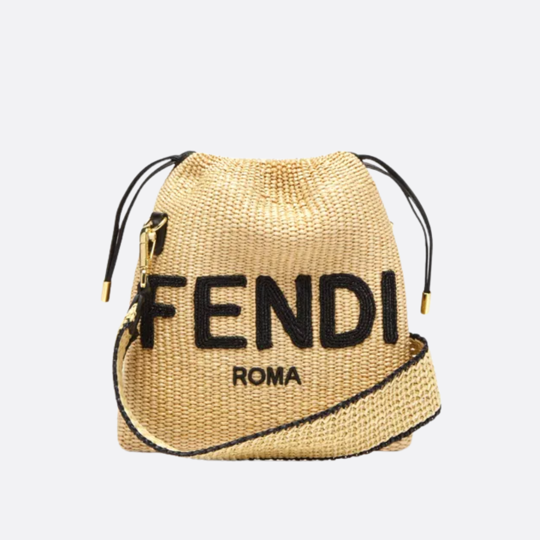 FENDI SACK SMALL WOVEN STRAW BAG IN BEIGE