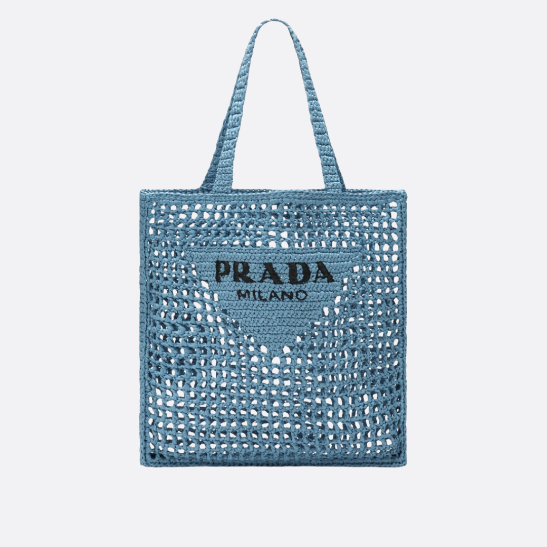 PRADA SHOPPER BAG IN RAFFIA WITH WOVEN LOGO – BLUE