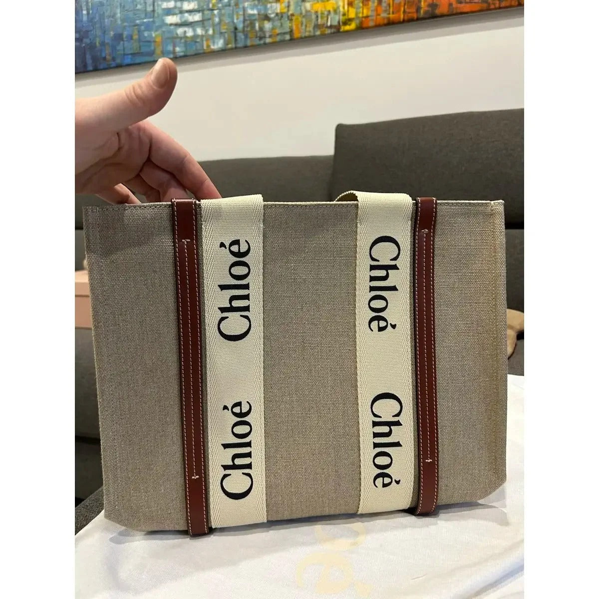 LARGE WOODY BAG IN LINEN BY CHLOÉ